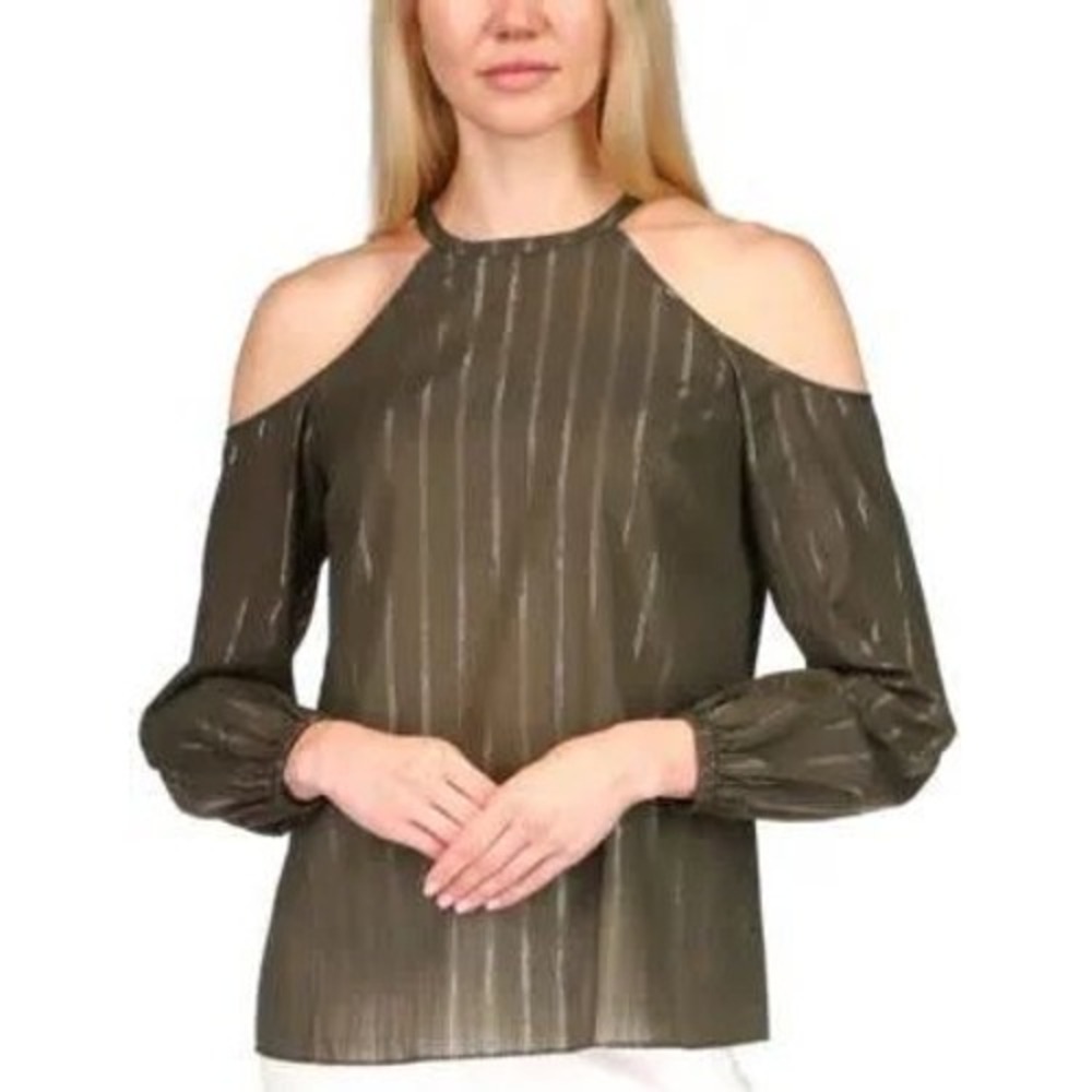 517. Michael Kors Striped Cold-Shoulder Top Long Sleeve, Ivy color. XXS